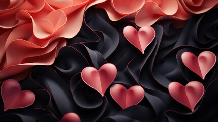 3D red hearts  on beautiful wavy dark background as wallpaper illustration