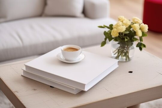 White book mockup with yellow flowers on table. AI Generated