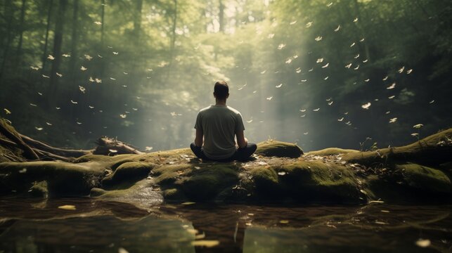 A man is doing meditation in the forest. This scene underscores the positive impact of maintaining emotional well-being and mental health, promoting a sense of inner calm and resilience