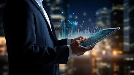 Business analytics and financial technology concept. Businessman analyzing financial graph growth chart, using digital tablet, working at office, business and financial background 