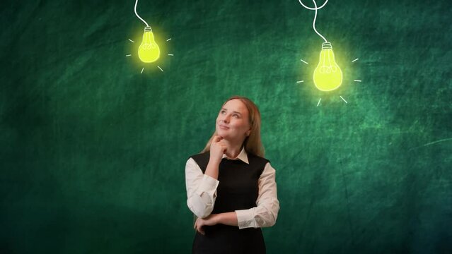 Portrait of girl on isolated background with light bulbs drawing on top. Girl thinking looks up choosing between solutions, finger up, lamps lights up.