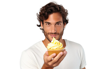Handsome Gent Indulging in Mango Cupcake Bliss Isolated on Transparent Background PNG.