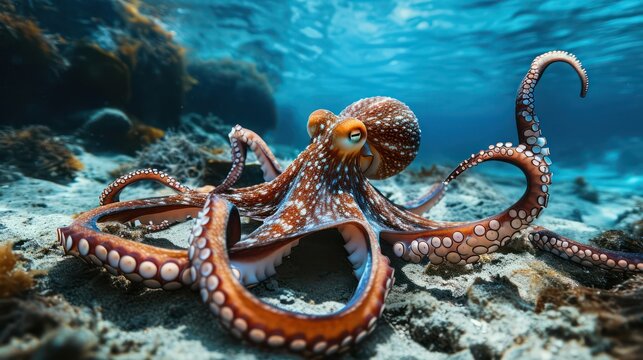 An octopus swims in the sea. Close-up octopus photography in natural habitat