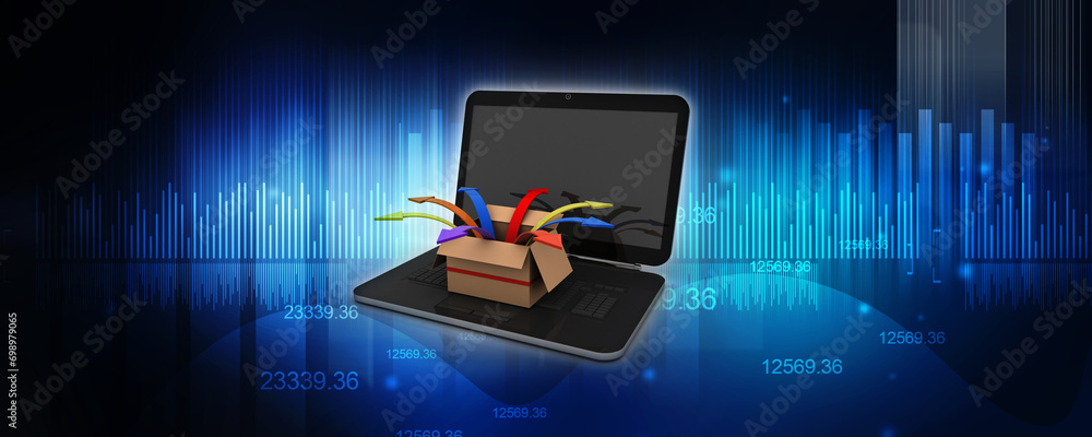 Aufkleber 3d rendering business up arrow in open card board with laptop