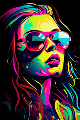 neon girl painted in watercolor, graphic arts, pop art, illustrative art, abstract art
