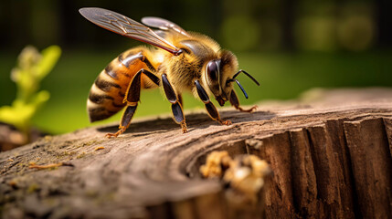 Close up of bee (Apis Mellifera), European or Western honey bee sitting on wooden beehive  - obrazy, fototapety, plakaty