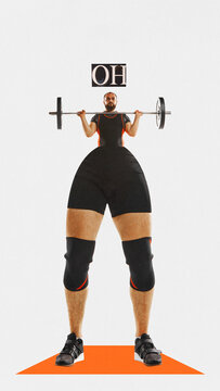 Contemporary art collage. Muscular, strong, athletic bearded man, bodybuilder with long legs lifting weights. Trendy magazine style. Championship 2024. Concept of professional sport, active lifestyle