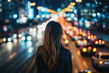Woman standing in front of speeding city traffic  - obrazy, fototapety, plakaty