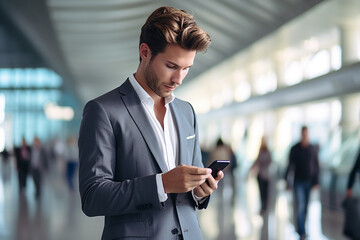 Happy business leader using smartphone in lobby