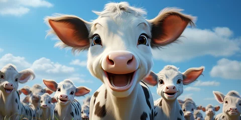 Foto op Plexiglas 3d cartoon a happy dairy cow in a field of flowers © Mas