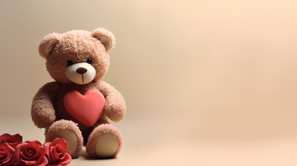 Teddy bear holding heart with love roses background, Valentine's Day, copy space