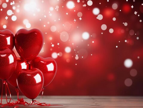 Valentines day party decorations background, Red hearts helium balloons with ribbons on blurred bokeh background, copy space banner.
