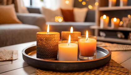 it candles on a tray creating a warm, cozy atmosphere in a modern living room