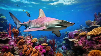 Fototapeta premium A hammerhead shark patrolling a tropical reef