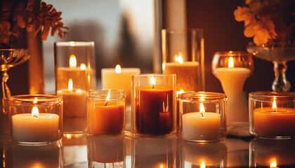 A serene setting of lit candles with glass container casting a warm glow, creating a cozy atmosphere.