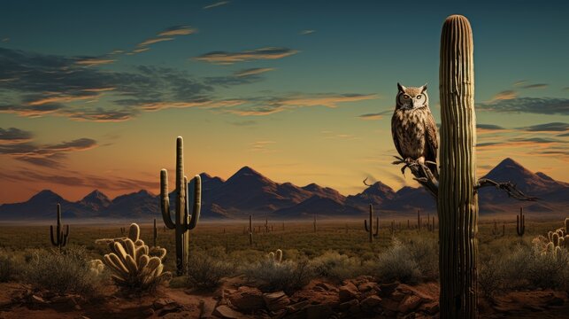 A great horned owl perched on a weathered fence post in a moonlit desert landscape