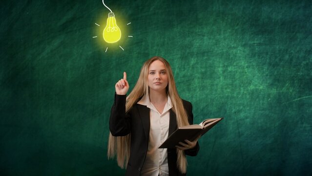 Imagination in problem solving concept. Portrait of woman isolated on green background light bulbs image on top. Girl standing reading book having idea raising finger up and lamp lights up.