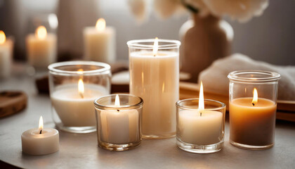 A serene setting of elegant lit candles, exuding warmth and tranquility