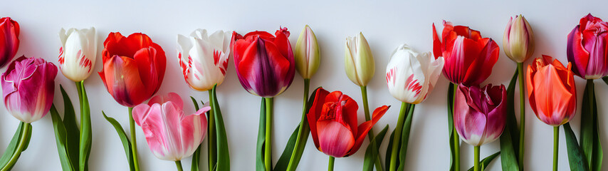 A vibrant red lady tulip stands tall amidst a group of delicate tulips on a white surface, symbolizing the beauty and rebirth of spring - obrazy, fototapety, plakaty