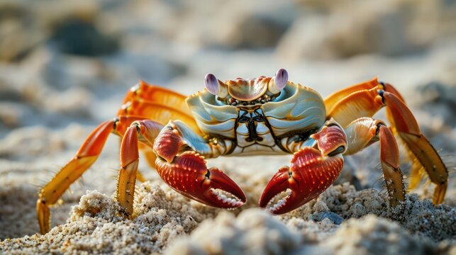 Beachside beauty: A close-up photograph of a gorgeous crab.
