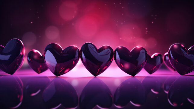 3D glowing purple hearts on pink purple blur background as wallpaper illustration