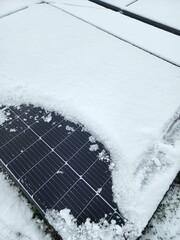 Renewable energy solar PV panels covered with white snow. - 698982206
