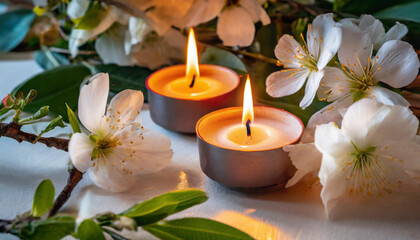 Illuminated candles amidst blooming white flowers, evoking a serene and mystical ambiance