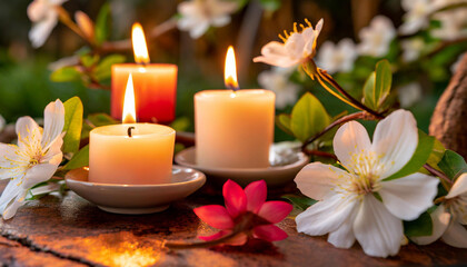 Fototapeta na wymiar Candles glow amid blooming flowers, casting a serene and magical ambiance.