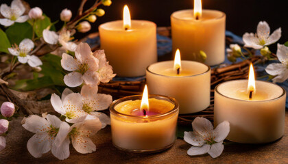 Lit candles and white blossoms create a serene, intimate atmosphere. Ideal for wellness and relaxation themes