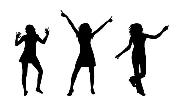 Silhouette group of people dancing. Some slim female people in dance pose.