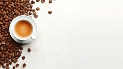 Naklejka premium Cup of Coffee with Coffee Beans on Minimalist Background, Copy Space. Presentation, Drink 