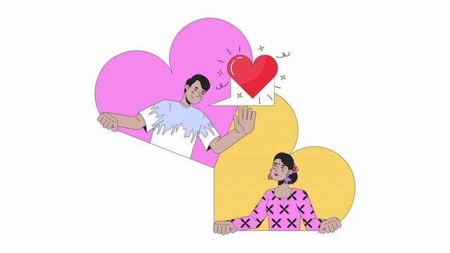 Online dating heterosexual couple line 2D animation. Indian sweethearts chatting 4K video motion graphic. Long distance love hearts linear animated cartoon flat concept, white background