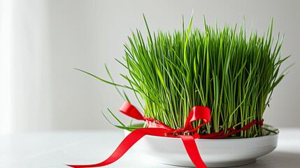Green fresh semeni sabzi wheat grass in white plate decorated with red ribbon on white background. Novruz spring equinox celebration. Made with generative ai - obrazy, fototapety, plakaty