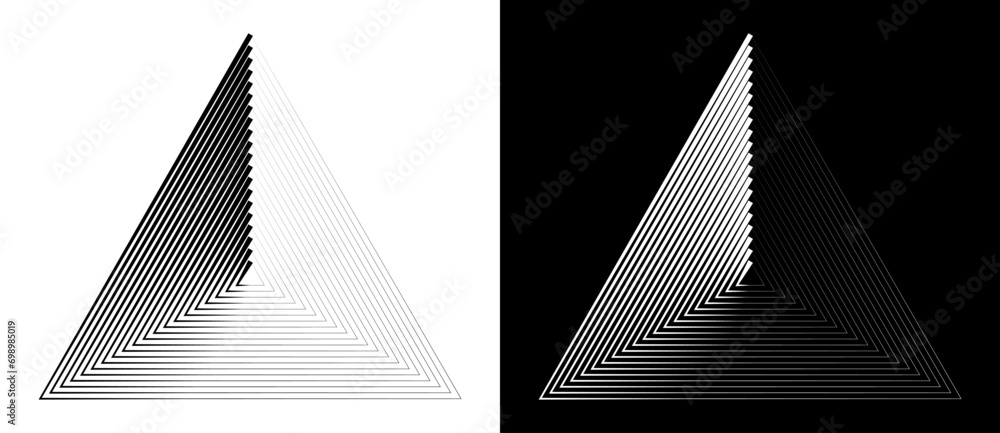 Poster Geometric triangle shape with lines as modern design element, logo or icon. Black shape on a white background and the same white shape on the black side.