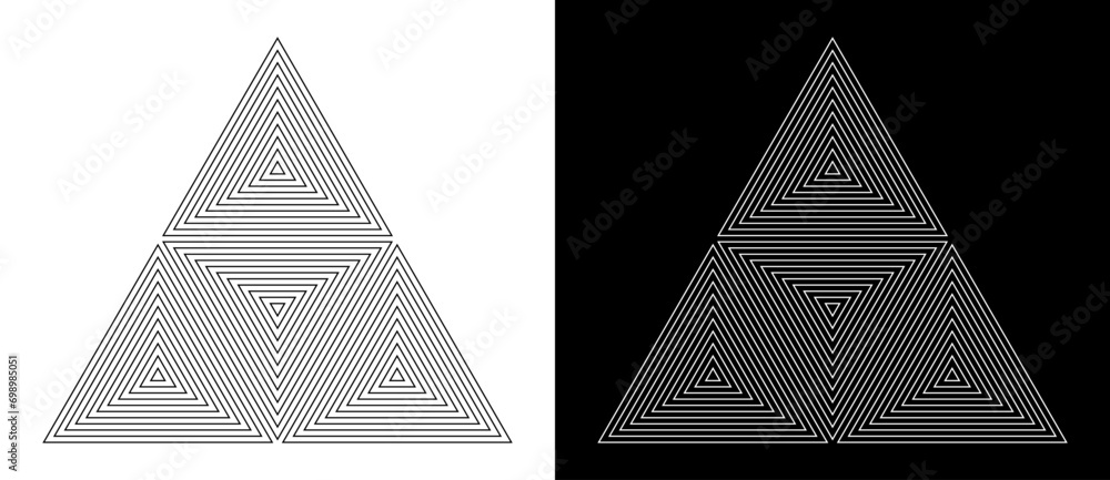 Poster Geometric triangle shape with lines as modern design element, logo or icon. Black shape on a white background and the same white shape on the black side.