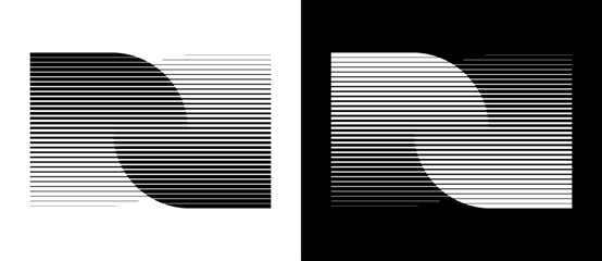 Transition in two semicircles with parallel lines. Abstract art geometric background for logo, icon, tattoo. Black shape on a white background and the same white shape on the black side. - obrazy, fototapety, plakaty
