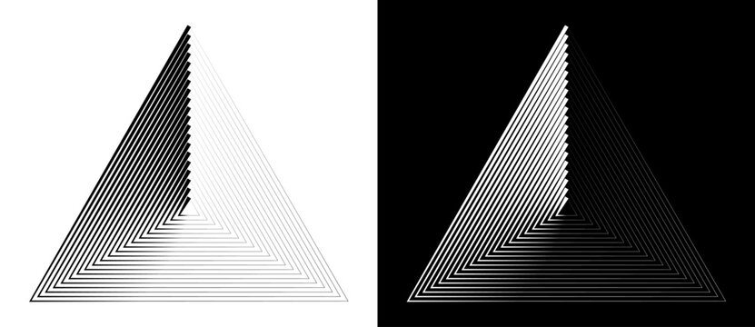 Geometric triangle shape with lines as modern design element, logo or icon. Black shape on a white background and the same white shape on the black side.