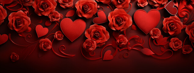 Red valentine's day background with hearts and red roses - obrazy, fototapety, plakaty