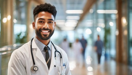 Doctor posing in Hospital - Medical Professional in Medic Environment - Banner with space for copy