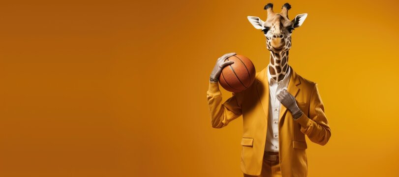 Anthropomorphic giraffe playing basketball against a orange background.
