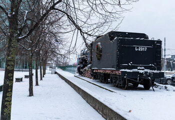 vintage locomotive in the snow