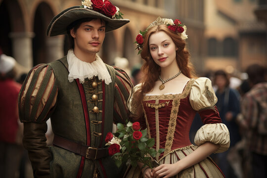People dressed in historical-themed carnival costumes