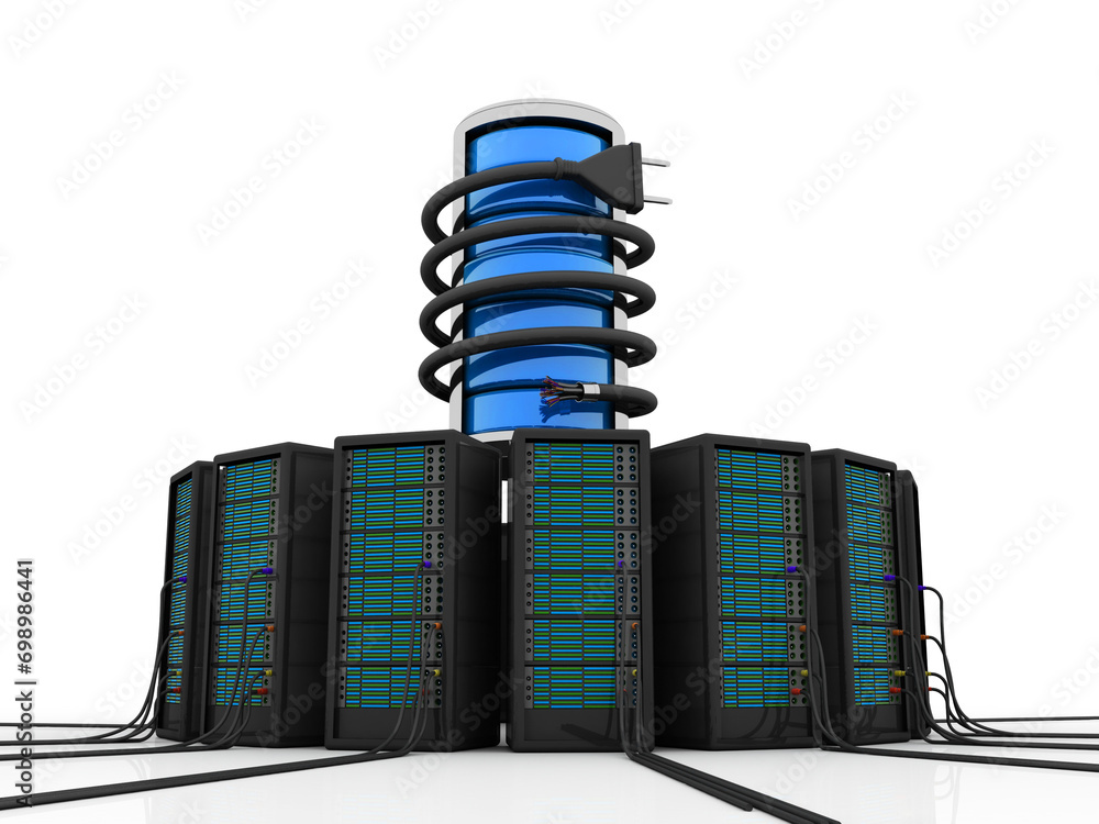Poster 3d illustration data center server with optical cable connected database