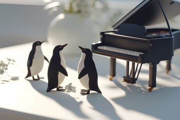 ピアノとペンギン-8(3羽) - obrazy, fototapety, plakaty