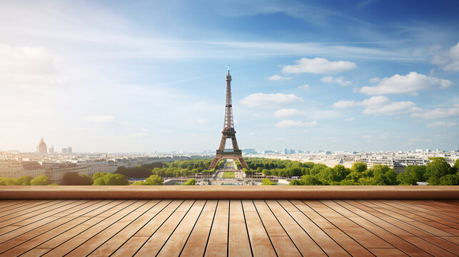 Wooden floor for display and background, landscape of Paris. Ai generate.