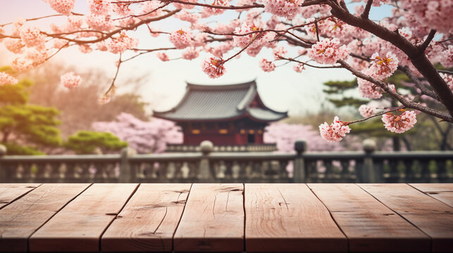 A wooden floor for displaying products related to Japan or bright cherry blossoms. Ai geneerate.