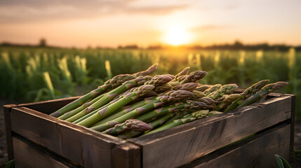 Asparagus harvested in a wooden box in a field with sunset. Natural organic vegetable abundance. Agriculture, healthy and natural food concept. - obrazy, fototapety, plakaty