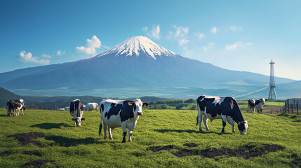 Dairy cows raised on a natural farm and Mount Fuji background. Ai generate. - obrazy, fototapety, plakaty