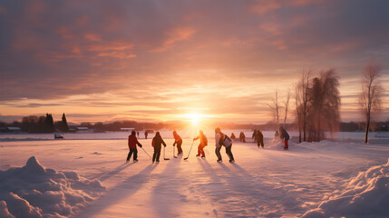 Fototapeta na wymiar Group of children playing ice hockey on frozen lake in winter surrounded by trees and sunset in the background.