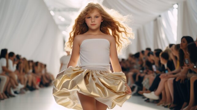 Cute chubby girl walks the runway by Nina Hamnett. Delicate golden stroke details.